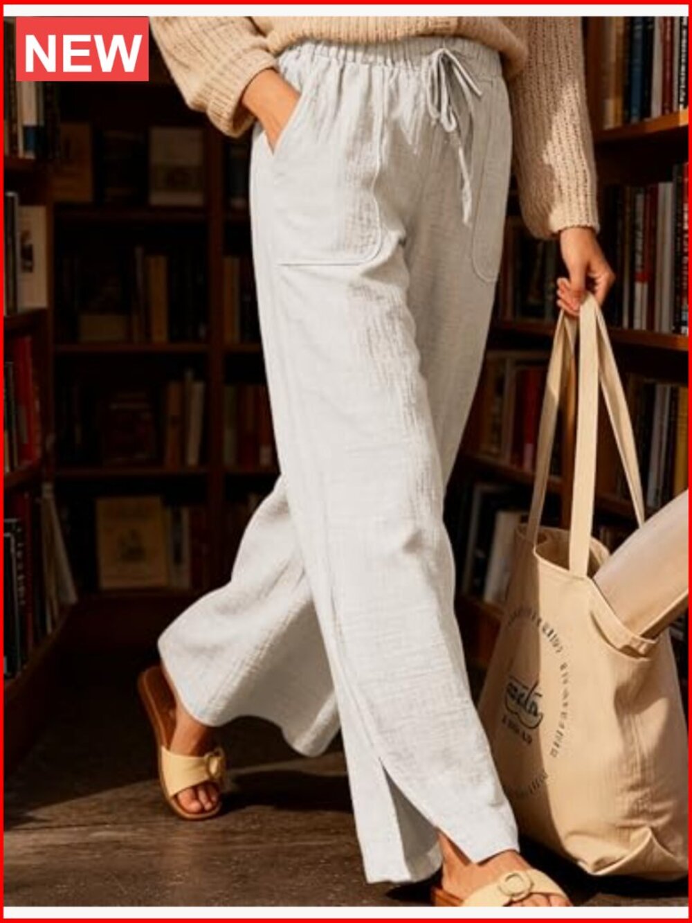 High Waisted Wide Leg Pants Cotton Linen Drawstring Lounge Pants Loose Fit - Picture 5 of 7
